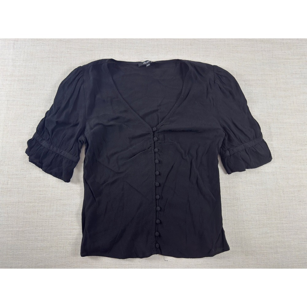 Madewell Blouse Womens 2 Black V Neck Button Front Puff Sleeve Ruffle Top - Picture 1 of 10